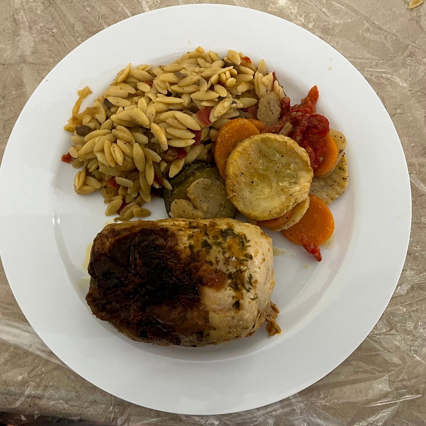 Stuffed meat roll with orzo